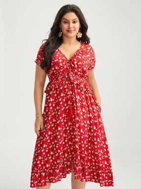 BloomChic Red Floral Tie-Front Midi Dress